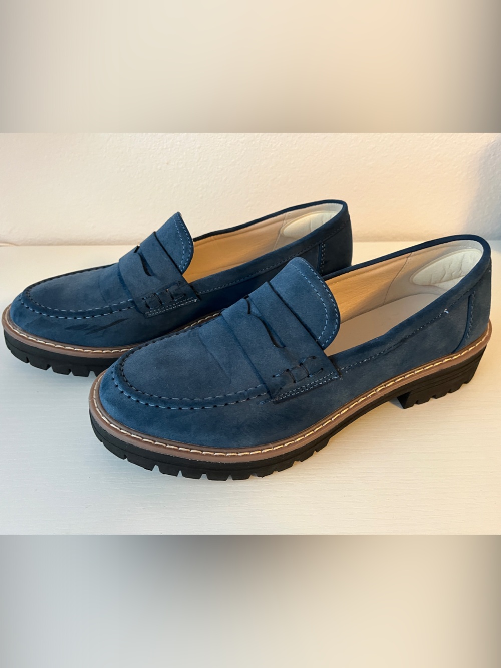 Women's Blue Suede Penny Loafers with Lug Sole
